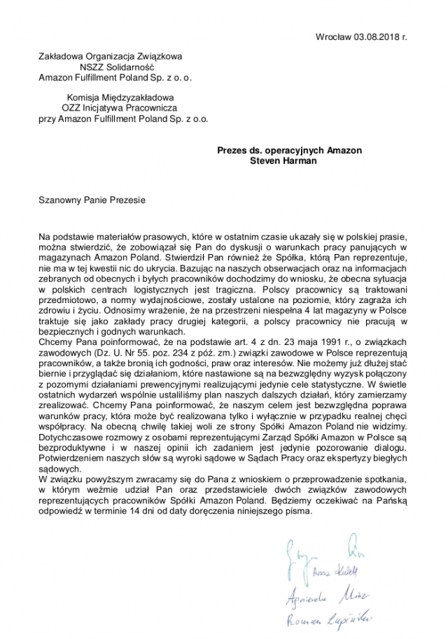 Amazon: związki domagają się spotkania na poziomie europejskim